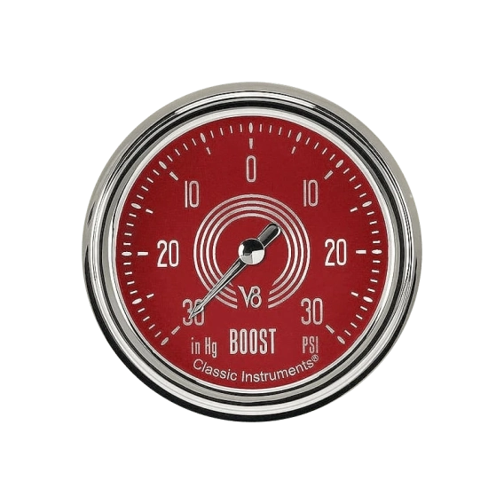 Classic Instruments® - V8 Red Steelie Series Boost/Vacuum Gauge, -30 in Hg +30 PSI